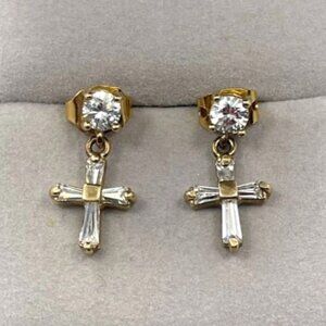 Gold Plated 925 Sterling Silver Cubic Zirconia Cross Drop Earrings